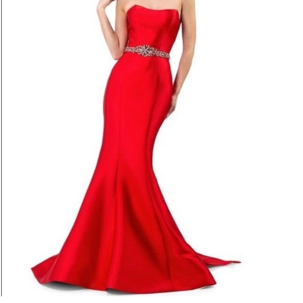 Terani Red Embellished Back Bow Satin Mermaid Gown